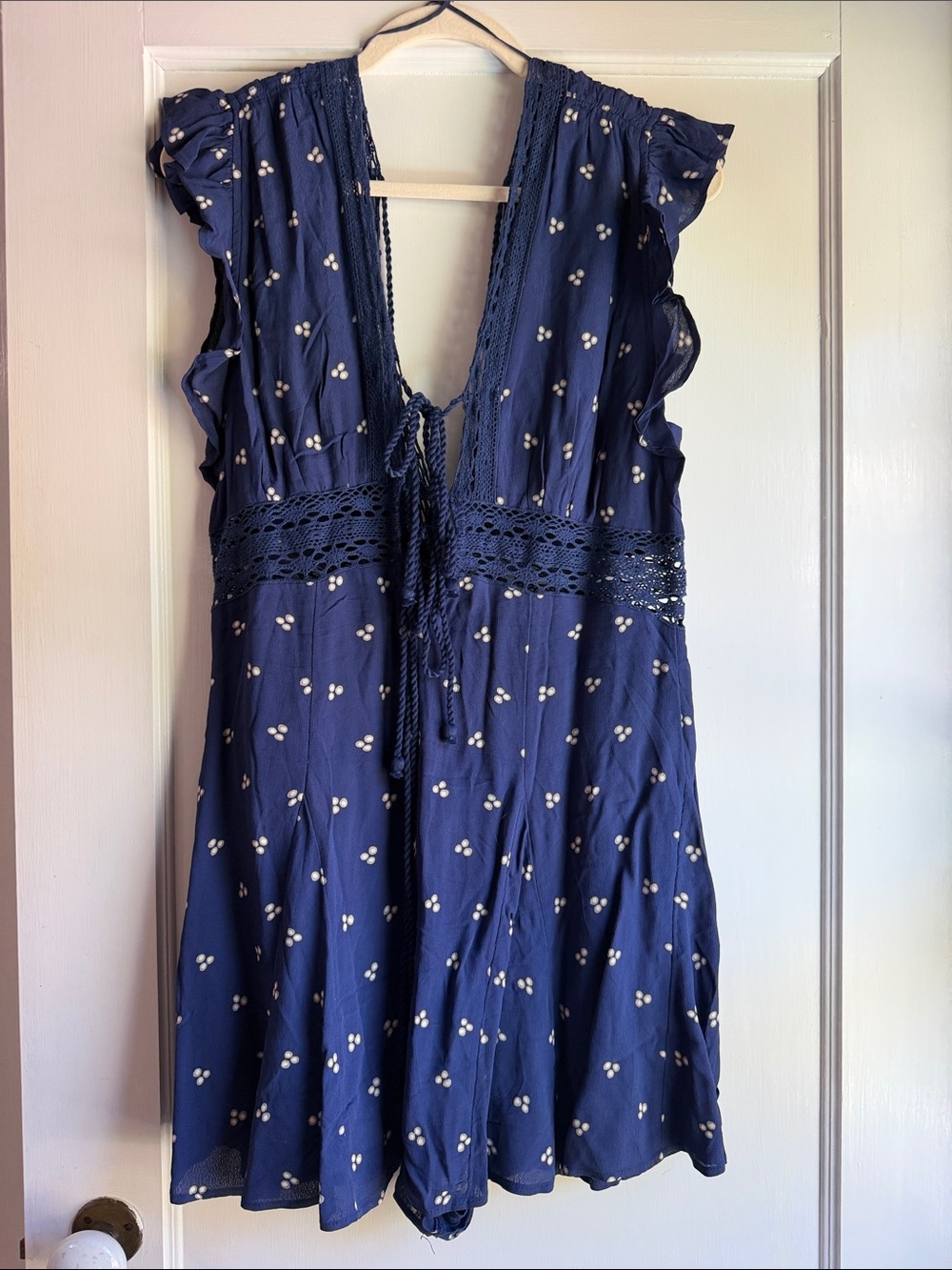 Free People Navy Mini Romper with White Dot Clusters